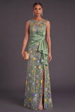 Green Floral Mermaid Ruffled Long Wedding Guest Dress with Slit
