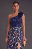 One Shoulder A Line Floral Navy Long Wedding Guest Dress with Slit