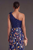 One Shoulder A Line Floral Navy Long Wedding Guest Dress with Slit