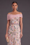 Blush Floral Mermaid Off the Shoulder Long Wedding Guest Dress