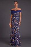 Blush Floral Mermaid Off the Shoulder Long Wedding Guest Dress