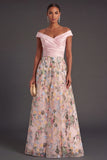 Green Floral A Line Off the Shoulder Long Wedding Guest Dress