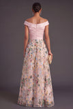 Green Floral A Line Off the Shoulder Long Wedding Guest Dress