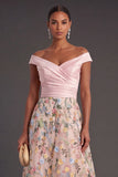 Green Floral A Line Off the Shoulder Long Wedding Guest Dress