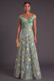 Green Floral A Line Off the Shoulder Long Wedding Guest Dress