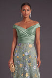 Green Floral A Line Off the Shoulder Long Wedding Guest Dress