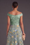 Green Floral A Line Off the Shoulder Long Wedding Guest Dress