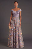 Green Floral A Line Off the Shoulder Long Wedding Guest Dress