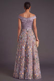 Green Floral A Line Off the Shoulder Long Wedding Guest Dress