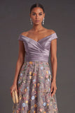 Green Floral A Line Off the Shoulder Long Wedding Guest Dress