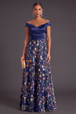 Green Floral A Line Off the Shoulder Long Wedding Guest Dress