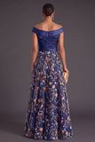 Green Floral A Line Off the Shoulder Long Wedding Guest Dress