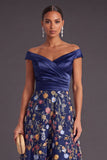 Green Floral A Line Off the Shoulder Long Wedding Guest Dress