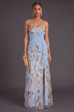 Sweetheart A Line Floral Blue Long Wedding Guest Dress with Slit