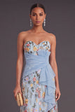 Sweetheart A Line Floral Blue Long Wedding Guest Dress with Slit