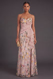 Sweetheart A Line Floral Blue Long Wedding Guest Dress with Slit