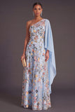 A Line One Shoulder Floral Embroidered Long Wedding Guest Dress