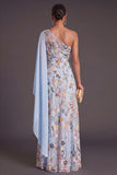A Line One Shoulder Floral Embroidered Long Wedding Guest Dress