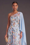 A Line One Shoulder Floral Embroidered Long Wedding Guest Dress