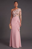 Blush Floral Mermaid One Shoulder Long Wedding Guest Dress