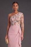 Blush Floral Mermaid One Shoulder Long Wedding Guest Dress