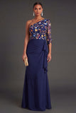 Blush Floral Mermaid One Shoulder Long Wedding Guest Dress