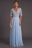 Green Floral A Line Short Sleeves Long Wedding Guest Dress