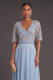 Green Floral A Line Short Sleeves Long Wedding Guest Dress