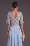 Green Floral A Line Short Sleeves Long Wedding Guest Dress