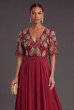 Green Floral A Line Short Sleeves Long Wedding Guest Dress