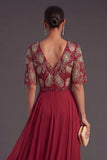 Green Floral A Line Short Sleeves Long Wedding Guest Dress