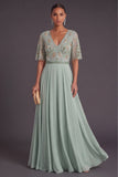Green Floral A Line Short Sleeves Long Wedding Guest Dress