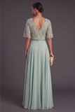 Green Floral A Line Short Sleeves Long Wedding Guest Dress