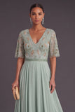 Green Floral A Line Short Sleeves Long Wedding Guest Dress