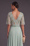 Green Floral A Line Short Sleeves Long Wedding Guest Dress