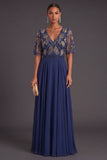 Green Floral A Line Short Sleeves Long Wedding Guest Dress
