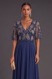 Green Floral A Line Short Sleeves Long Wedding Guest Dress