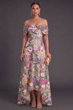 Light Khaki A Line Embroidered Floral High Low Wedding Guest Dress