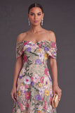 Light Khaki A Line Embroidered Floral High Low Wedding Guest Dress