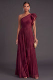 Navy A Line One Shoulder Long Wedding Guest Dress
