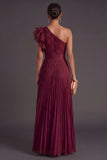 Navy A Line One Shoulder Long Wedding Guest Dress