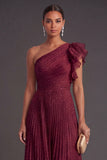 Navy A Line One Shoulder Long Wedding Guest Dress