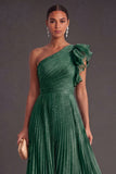 Navy A Line One Shoulder Long Wedding Guest Dress