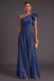 Navy A Line One Shoulder Long Wedding Guest Dress