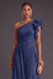 Navy A Line One Shoulder Long Wedding Guest Dress