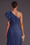 Navy A Line One Shoulder Long Wedding Guest Dress