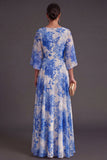 A Line Blue Floral Flutter Sleeves Long Wedding Guest Dress
