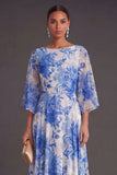 A Line Blue Floral Flutter Sleeves Long Wedding Guest Dress