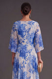 A Line Blue Floral Flutter Sleeves Long Wedding Guest Dress