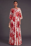 A Line Blue Floral Flutter Sleeves Long Wedding Guest Dress